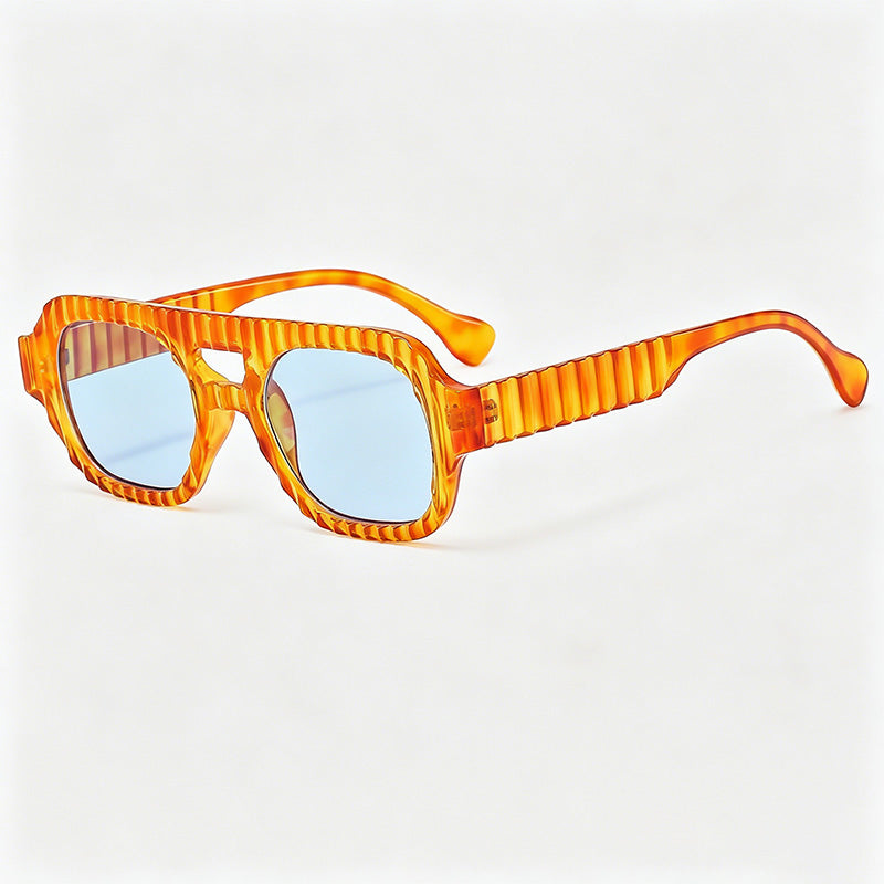 Vertical Rib Textured Double Bridge Square Aviator Sunglasses