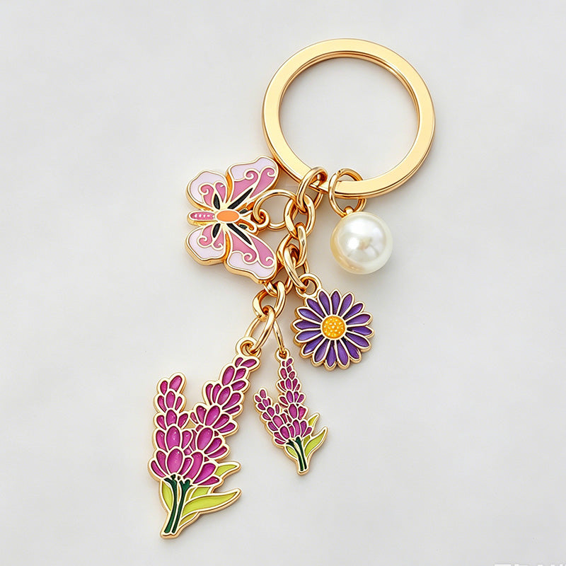 Floral Butterfly Pearl Enamel Keychain