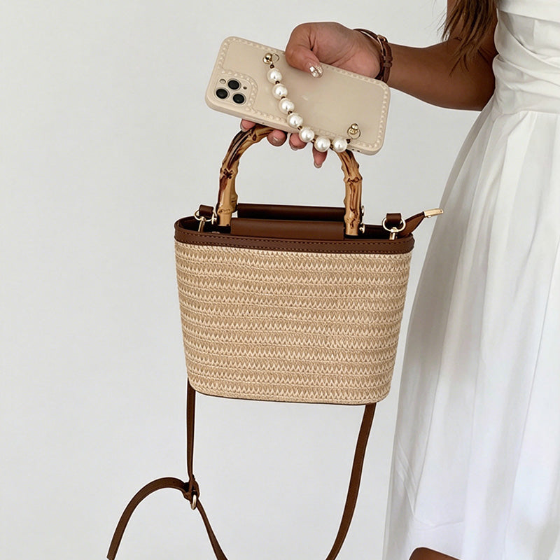 Bamboo Handle Woven Bucket Bag
