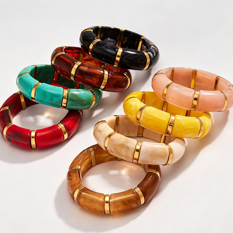 Vintage Marbled Resin Spacer Stretch Bangle Bracelet