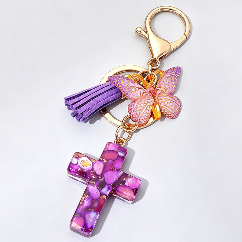 Resin Cross Butterfly Tassel Keychain