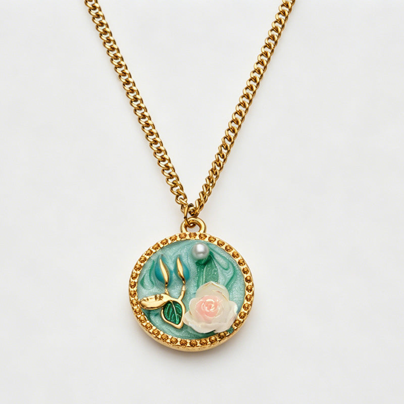 Vintage Enamel Rose Pearl Pendant Necklace