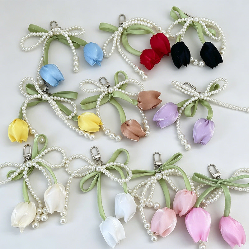 Tulip Flower Bow Pearl Bead Keychain