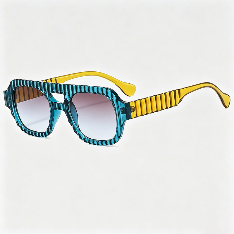 Vertical Rib Textured Double Bridge Square Aviator Sunglasses