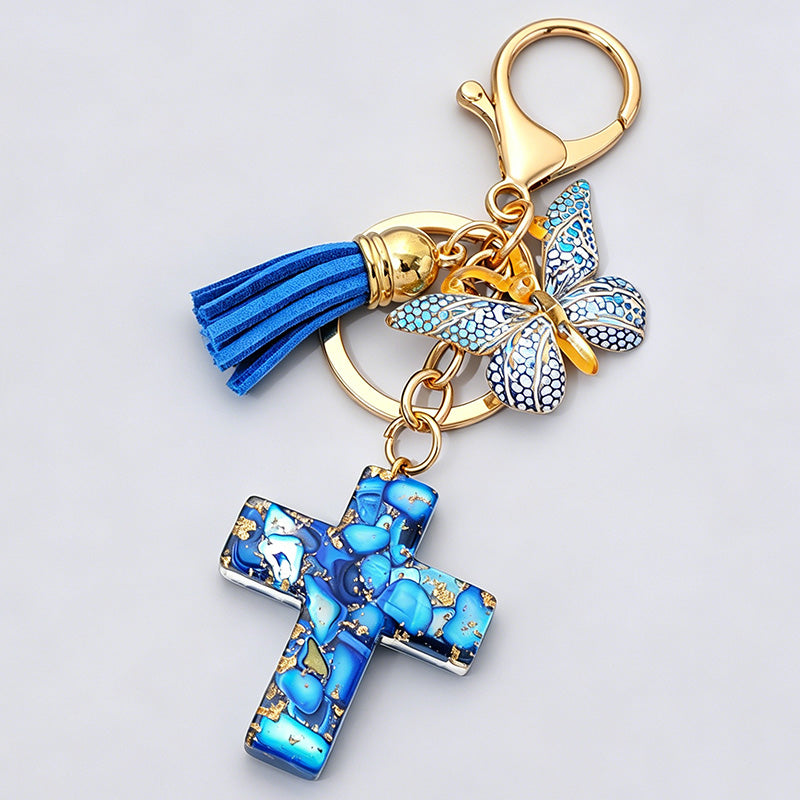 Resin Cross Butterfly Tassel Keychain