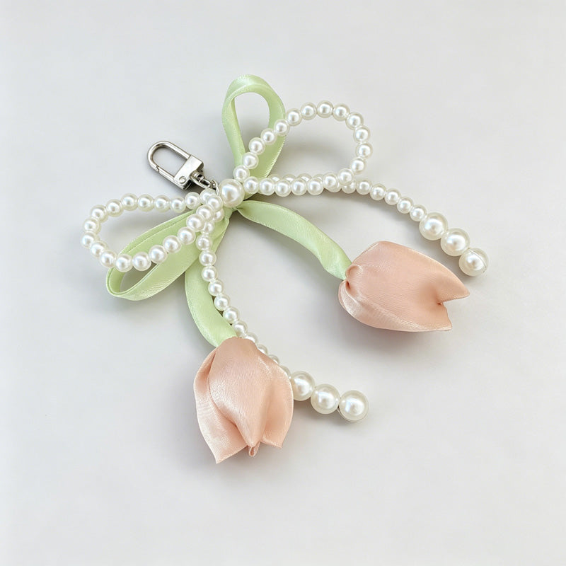 Tulip Flower Bow Pearl Bead Keychain