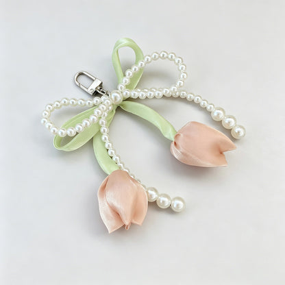Tulip Flower Bow Pearl Bead Keychain