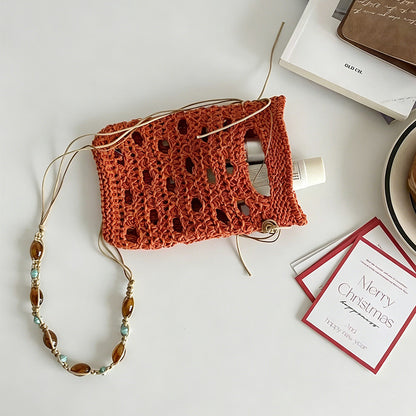 Hollow Crochet Drawstring Mini Phone Crossbody Bag