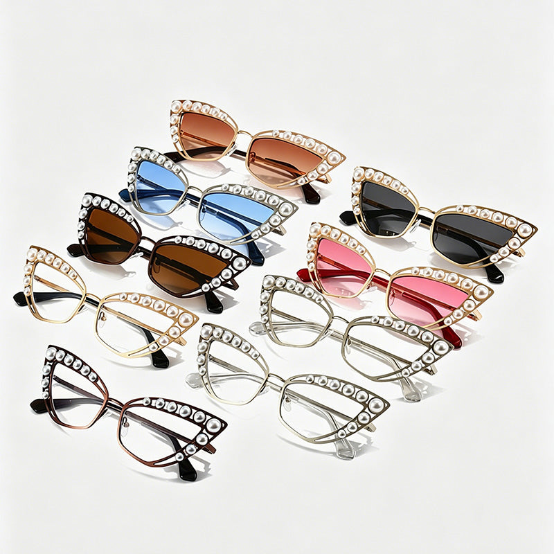 Luxury Pearl Cat-Eye Metal Frame Fashion Sunglasses