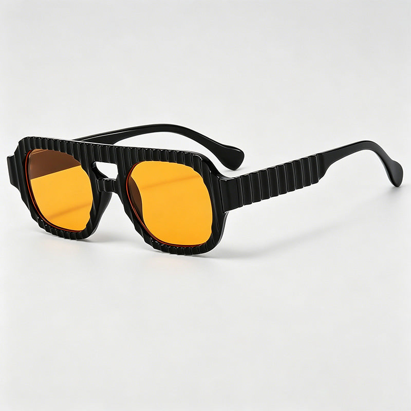 Vertical Rib Textured Double Bridge Square Aviator Sunglasses
