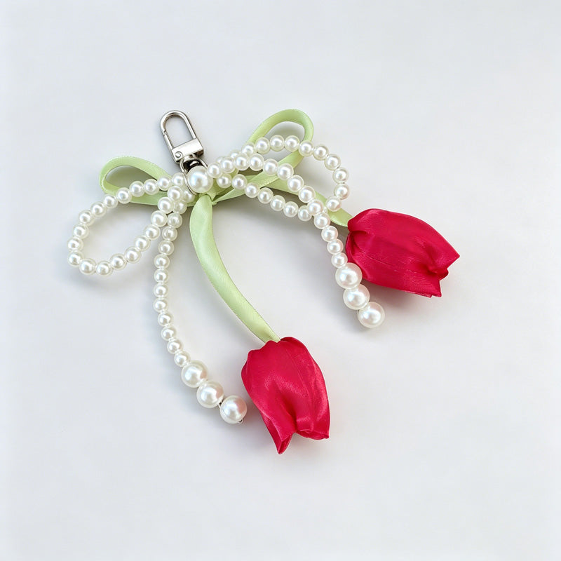 Tulip Flower Bow Pearl Bead Keychain