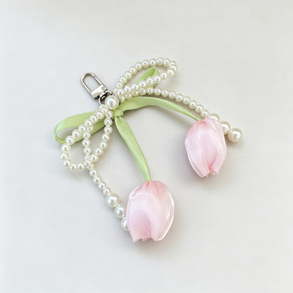 Tulip Flower Bow Pearl Bead Keychain