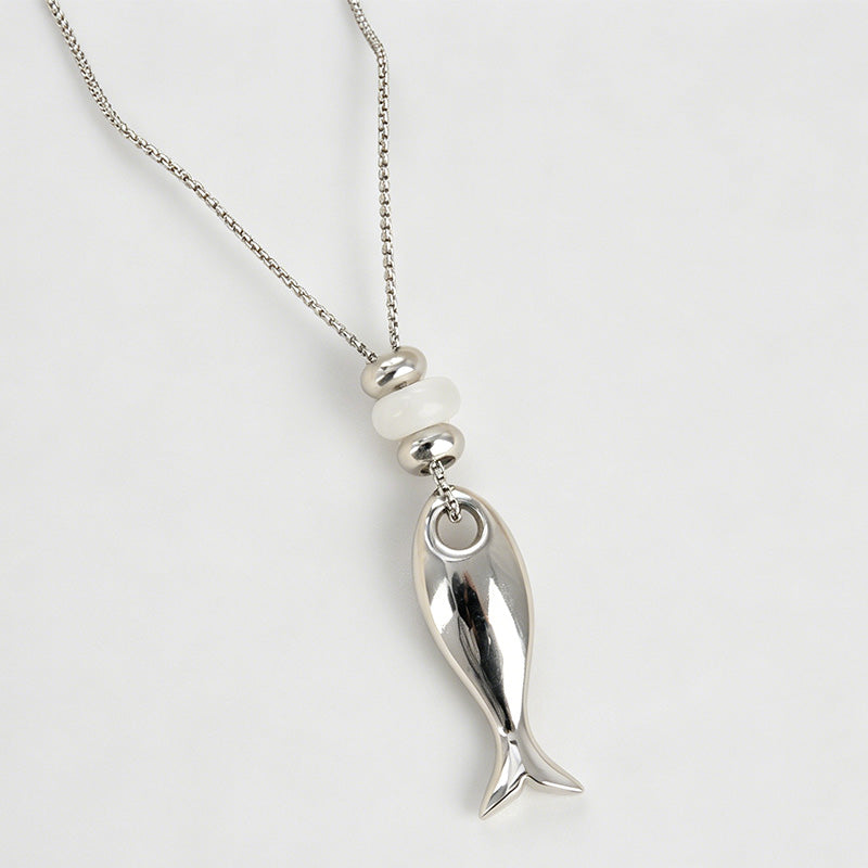 Natural Stone Fish Beaded Titanium Steel Necklace