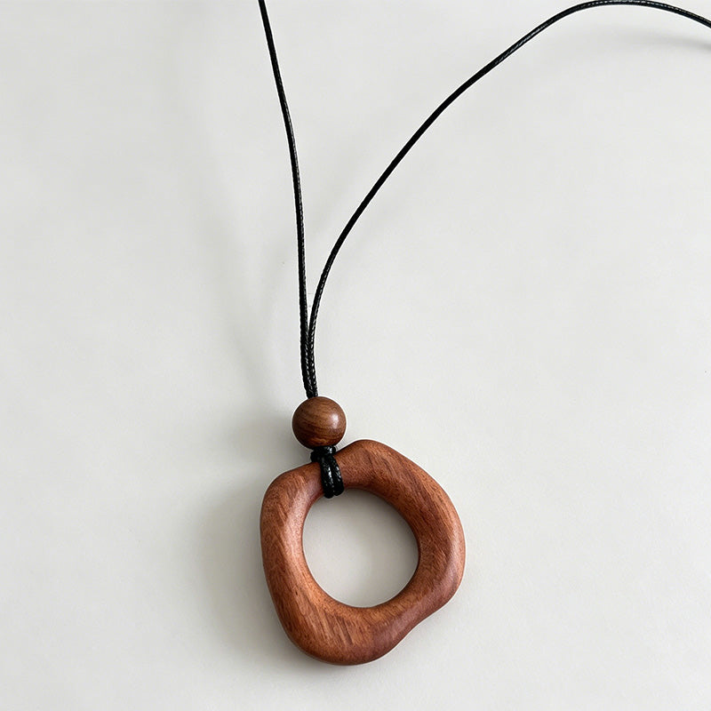 Geometric Square Wood Pendant Long Ethnic Necklace