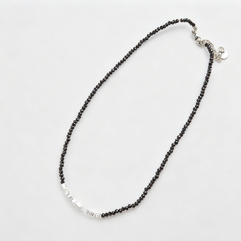 Broken Silver Black Crystal Beaded Stitching Necklace