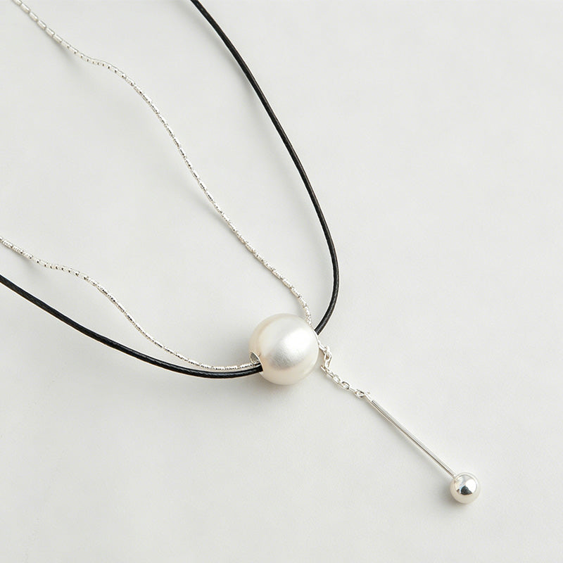 Modern Minimalist Brushed Oval Bead Leather Necklace