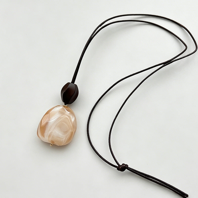 Retro Geometric Square Wood Pendant Cord Long Necklace