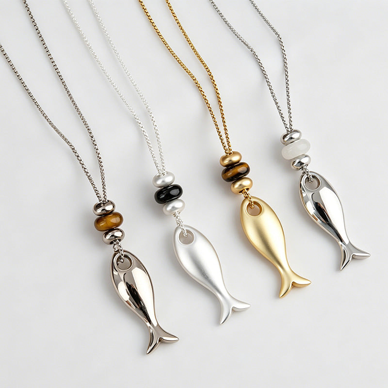 Natural Stone Fish Beaded Titanium Steel Necklace