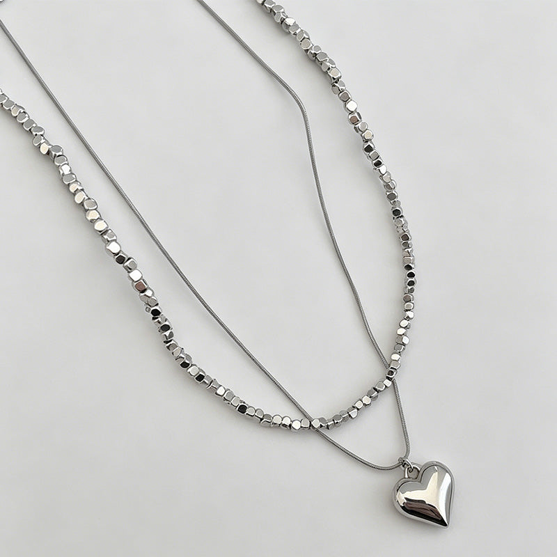 Elegant Double Layer Heart Broken Silver Necklace