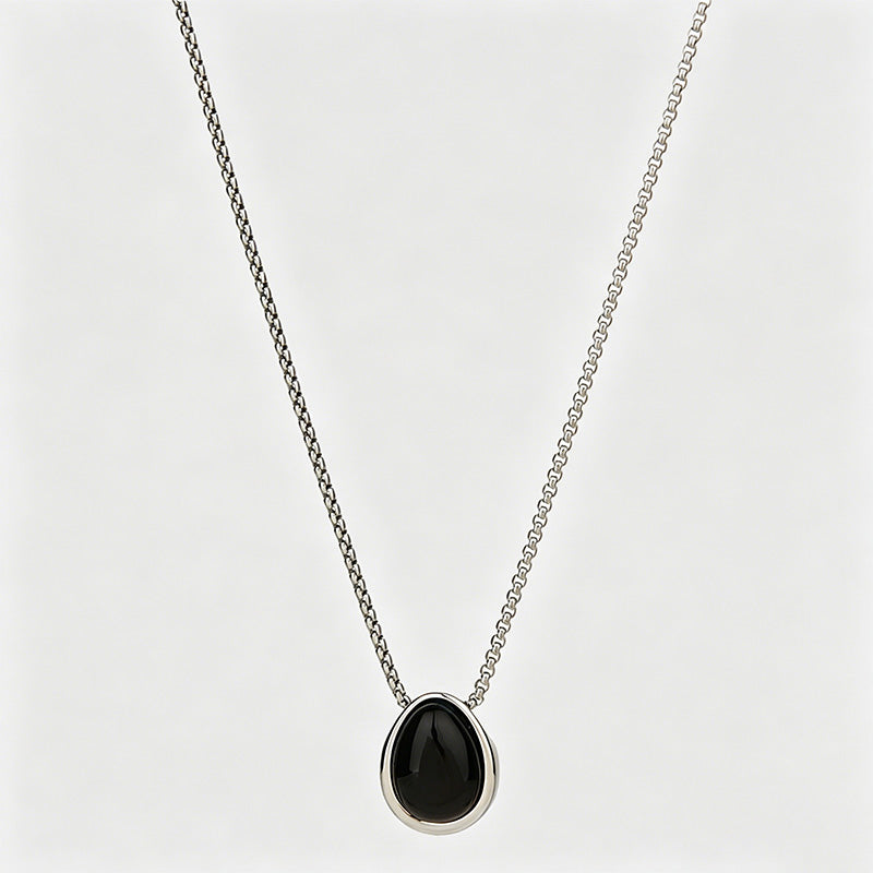 Elegant Oval Black Agate Teardrop Pendant Sweater Necklace