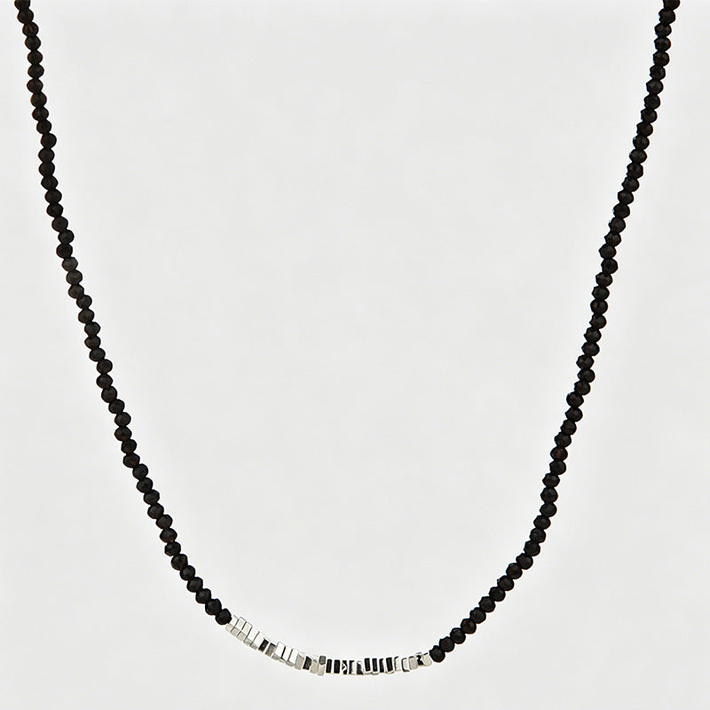 Broken Silver Black Crystal Beaded Stitching Necklace