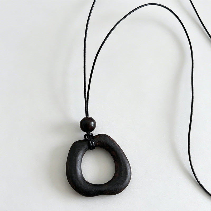 Geometric Square Wood Pendant Long Ethnic Necklace