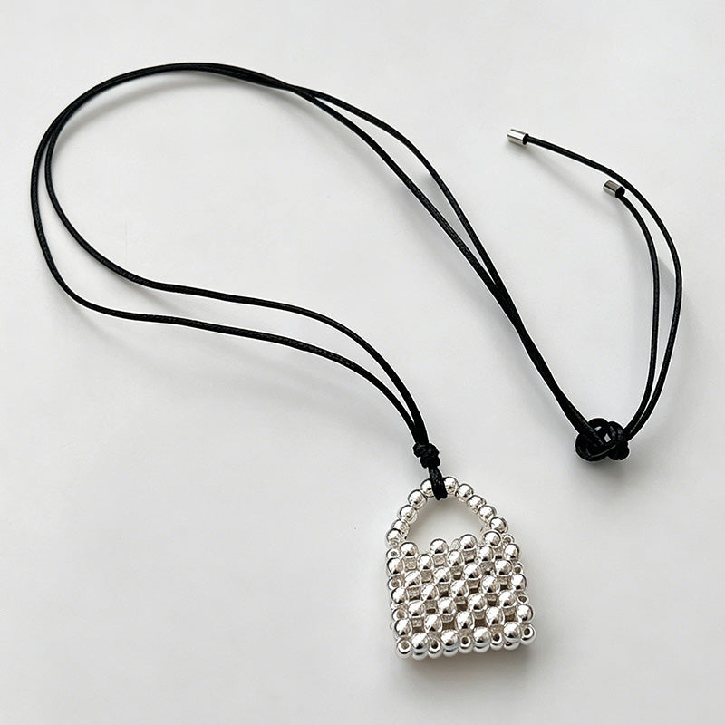 Elegant Silver Beaded Bag Pendant Sweater Necklace