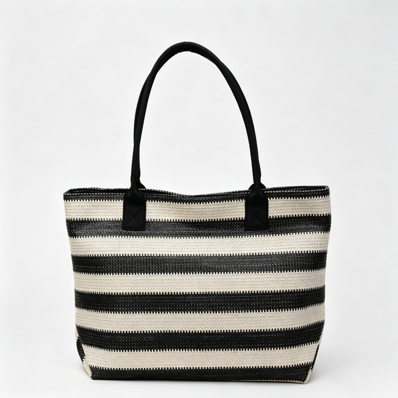 Striped Woven Straw Tote Bag