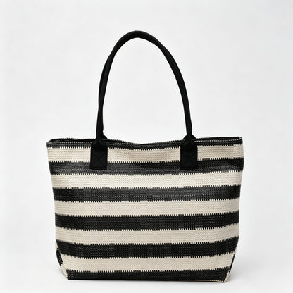 Striped Woven Straw Tote Bag