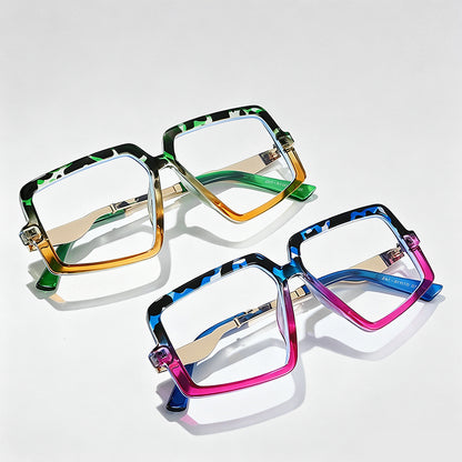 Large Square Irregular Two-tone Metal Temple Fashion Glasses