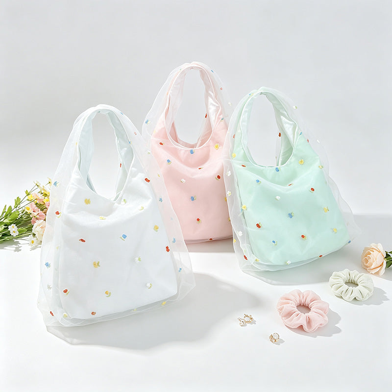 Double Layer Mesh Cherry Embellished Handle Bag
