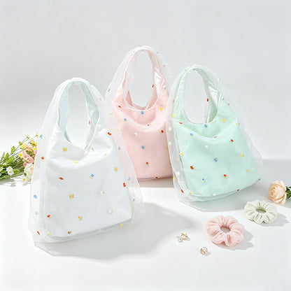 Double Layer Mesh Cherry Embellished Handle Bag