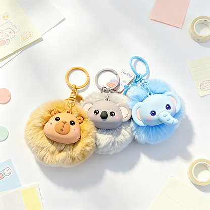 Resin Animal Head Pom‑pom Keychain