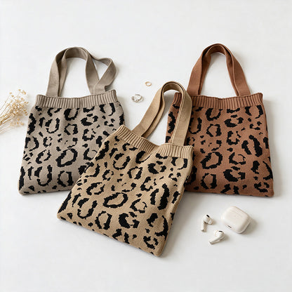 Leopard Print Knit Shoulder Tote Bag