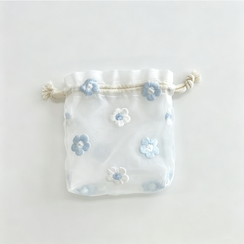 Embroidered Mesh Drawstring Pouch