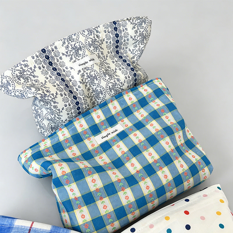 Plaid & Polka Dot Floral Cotton Makeup Pouch