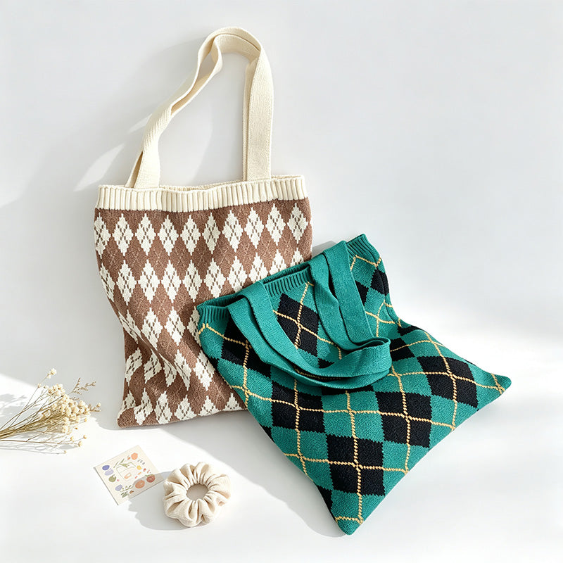 Argyle Knit Single Shoulder Tote Bag