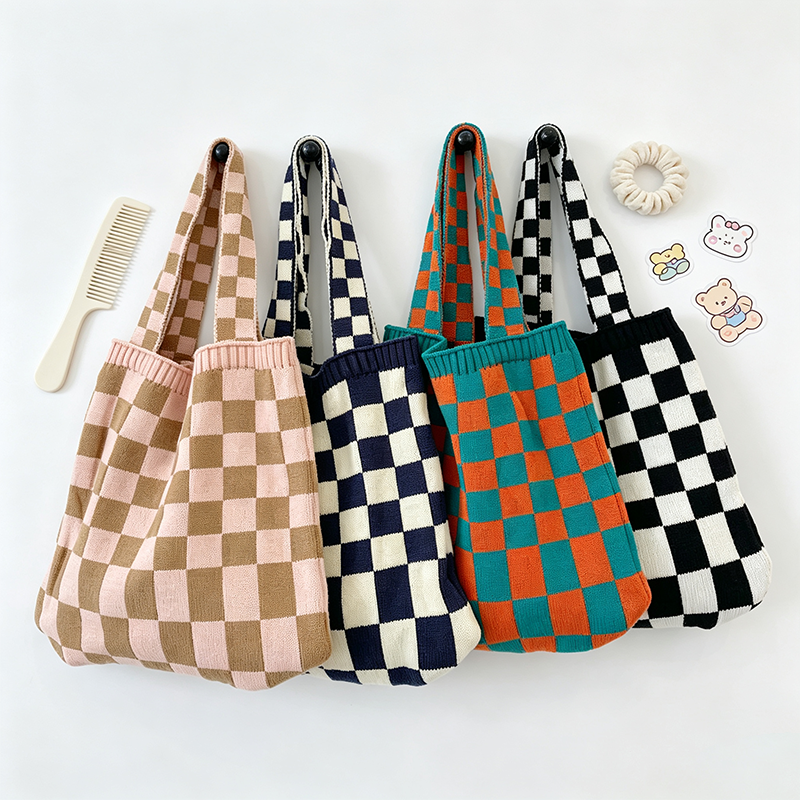 Checkered Knit Tote Shoulder Bag