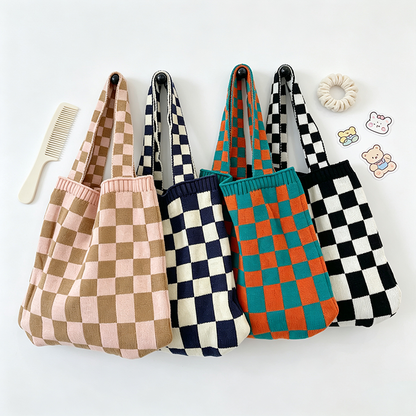 Checkered Knit Tote Shoulder Bag