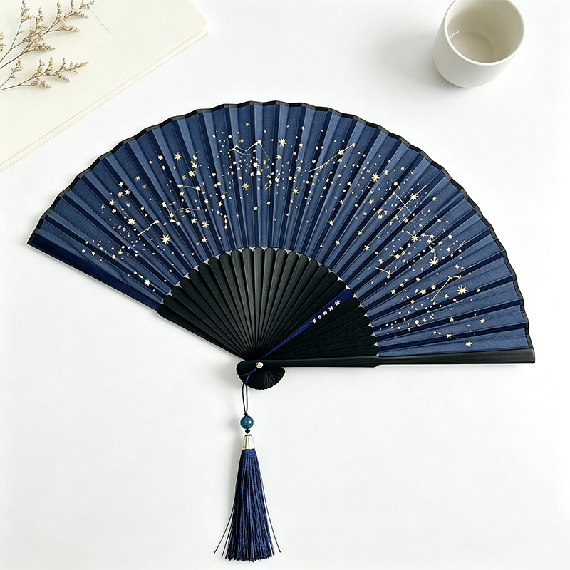Gold Star Print Silk Folding Fan
