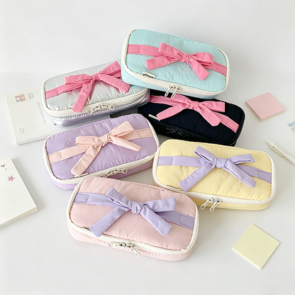 Bow‑Decorated Fabric Pencil Pouch