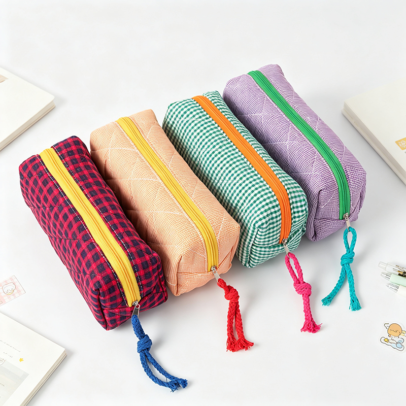 Quilted Plaid Fabric Pencil Pouch