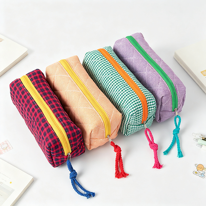Quilted Plaid Fabric Pencil Pouch