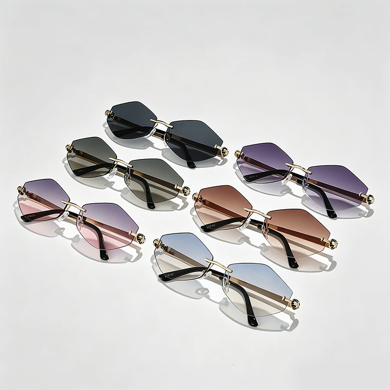 Rimless Irregular Diamond Cut Metal Arm Chic Sunglasses