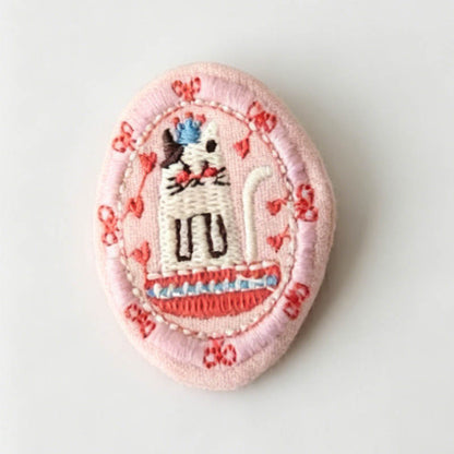 Sweet Pink Cat Embroidery Brooch