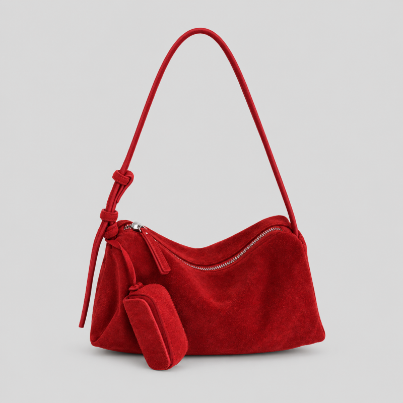 Red Faux Suede Shoulder Bag