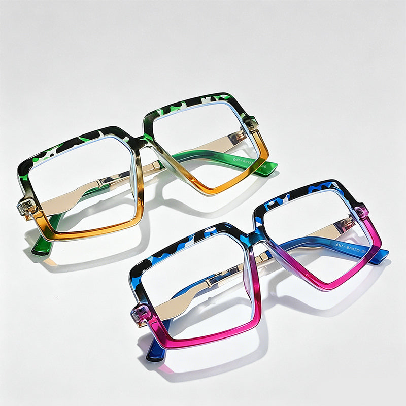 Large Square Irregular Two-tone Metal Temple Fashion Glasses