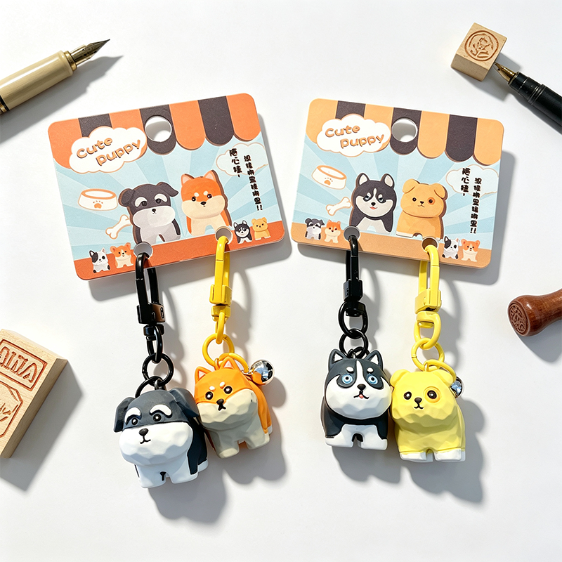 Wood‑Carved Puppy Figure Keychain