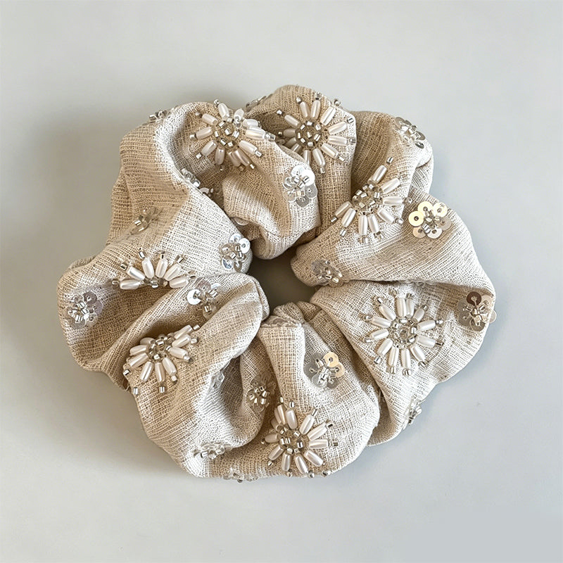 Natural Beaded Sequin Oversized Scrunchie