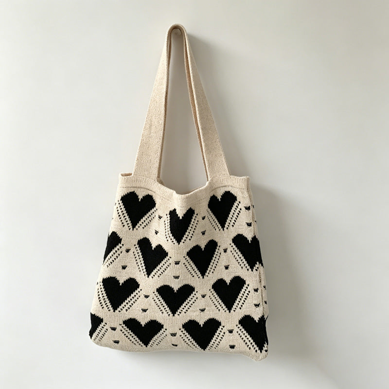 Heart Pattern Knit Tote Bag